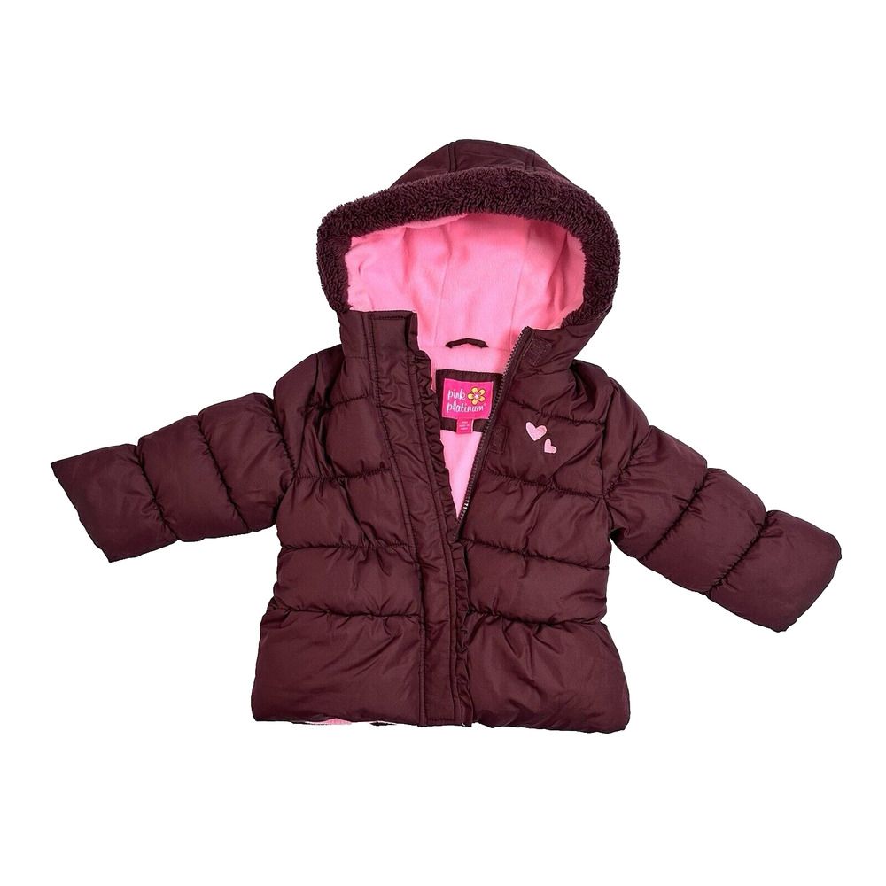 Pink Platinum Toddler Girl Hooded Puffer Jacket Lined Maroon Pink Size 18M